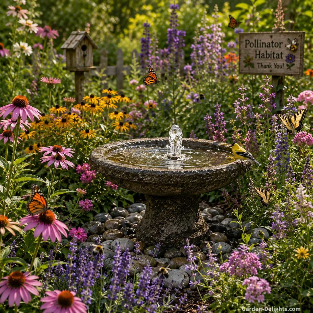 Pollinator garden water fountain placement surrounded by native flowers, coneflowers, black eyed Susans, lavender, butterflies, bees and songbirds creating a wildlife friendly habitat with gentle water movement and natural ecosystem support.