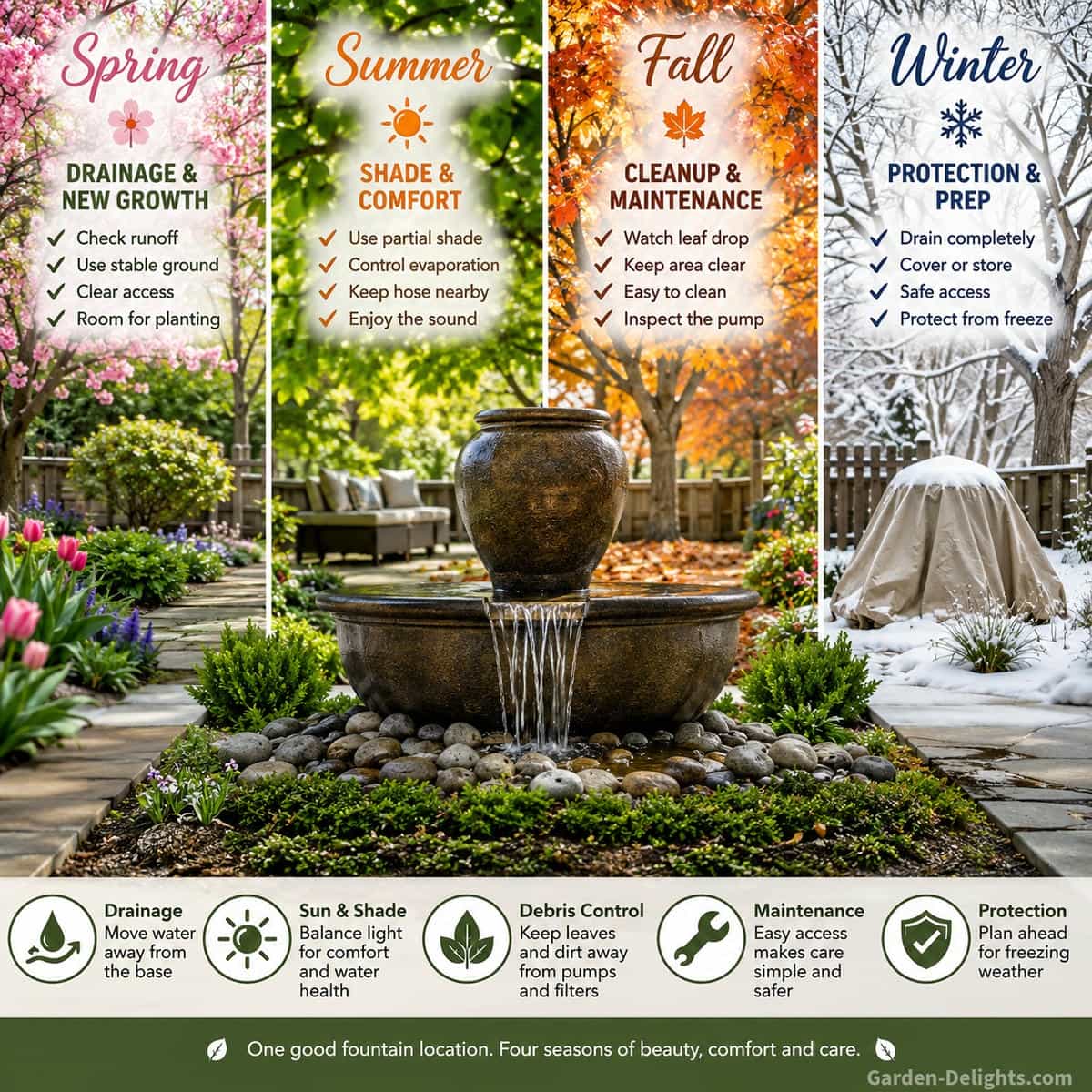 Seasonal fountain placement by season showing one outdoor garden fountain planned for spring drainage, summer shade, fall leaf cleanup and winter protection with stable ground, open access, clear garden views and gentle water movement in a realistic backyard setting