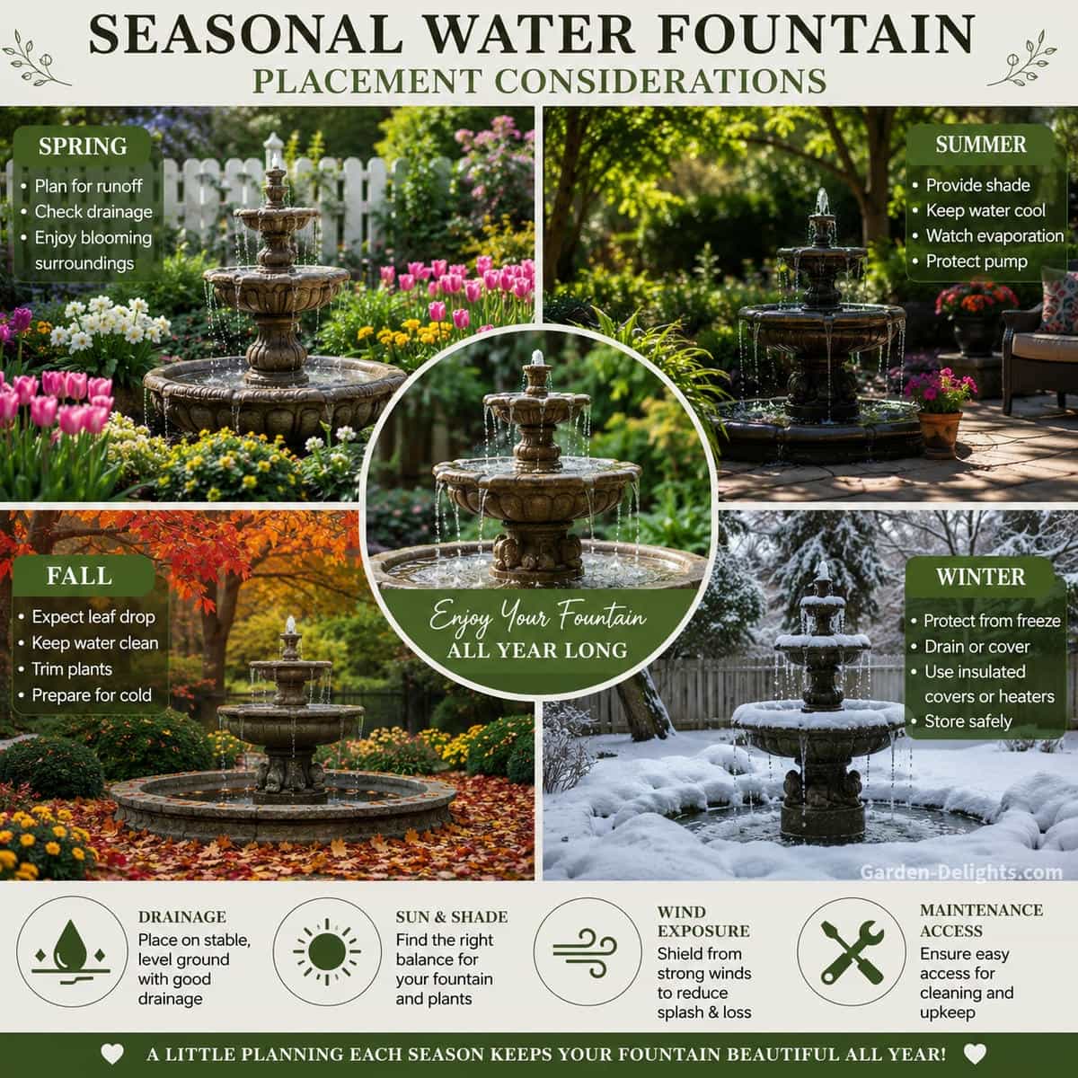 Seasonal water fountain placement considerations showing an outdoor garden fountain with spring flowers, summer shade, fall leaves and winter protection in a realistic backyard setting with drainage, sunlight, wind exposure, maintenance access and gentle water movement