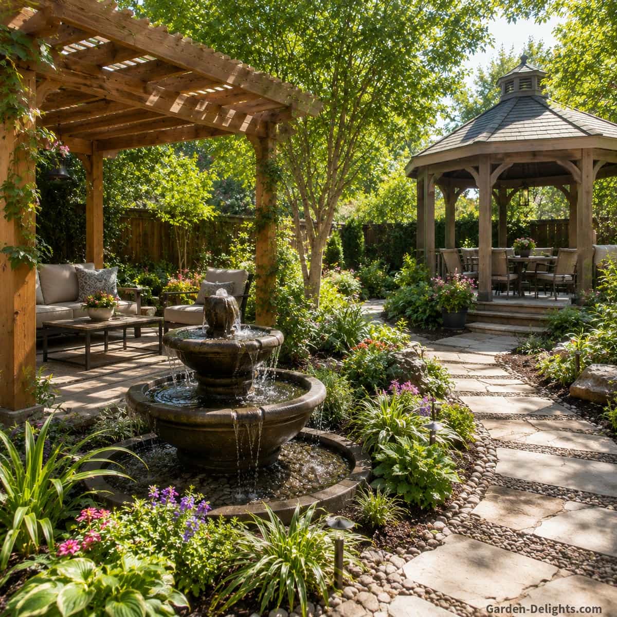 Shade, wind and environmental water fountain placement near a pergola and gazebo with partial shade, garden beds, stone pathways, outdoor seating and gentle moving water showing splash control, evaporation reduction, seasonal care and calm backyard comfort.