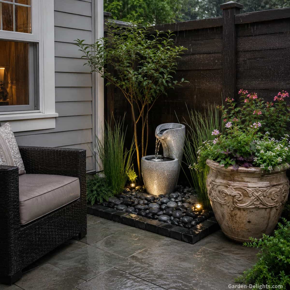 Small patio water fountain placement in a cozy corner with a compact light gray bubbling fountain, dark stained fence, light gray house siding, white window trim, black stone border, river rock bedding, spiky grasses, sandstone flowerpot, rain washed pavers and soft water sound creating peaceful compact backyard comfort.