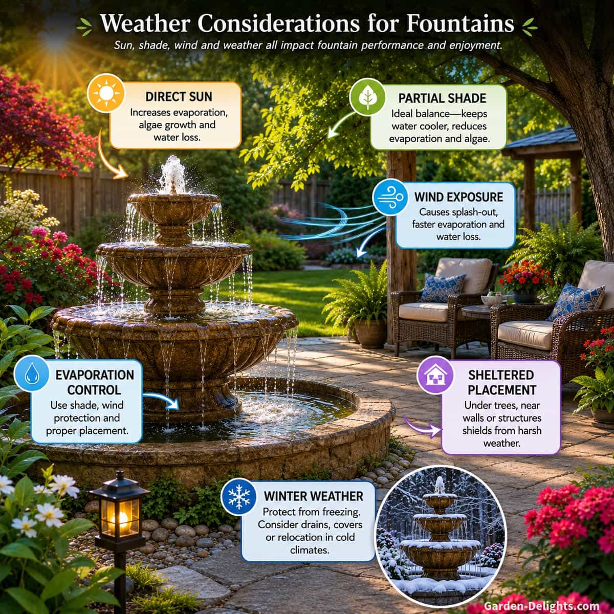 Water fountain placement in partial shade with patio seating, garden plants and wind protection showing how sunlight, evaporation control, seasonal weather planning and outdoor comfort influence long term fountain performance.