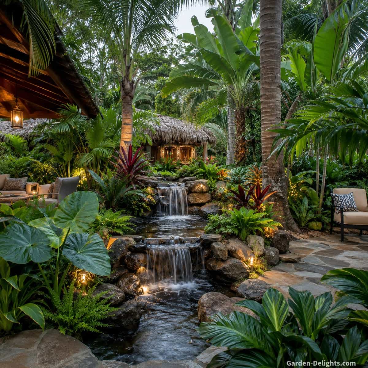 Tropical garden water fountain placement surrounded by palm trees, banana plants, elephant ears, lush foliage, shaded seating areas and cascading water creating relaxing resort style ambience, cooling sound and exotic landscape beauty.