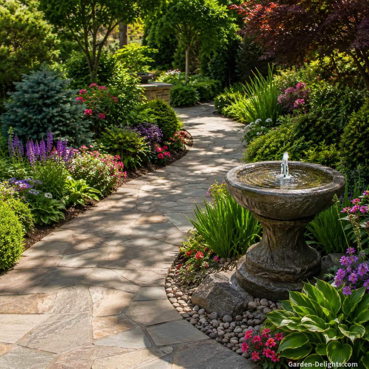 Water fountain placement beside a stone garden path with safe walking clearance, curved walkway, flowering landscape beds, gentle water movement and open pedestrian access creating visual flow, practical garden circulation, acoustic comfort and relaxing outdoor pathway design.