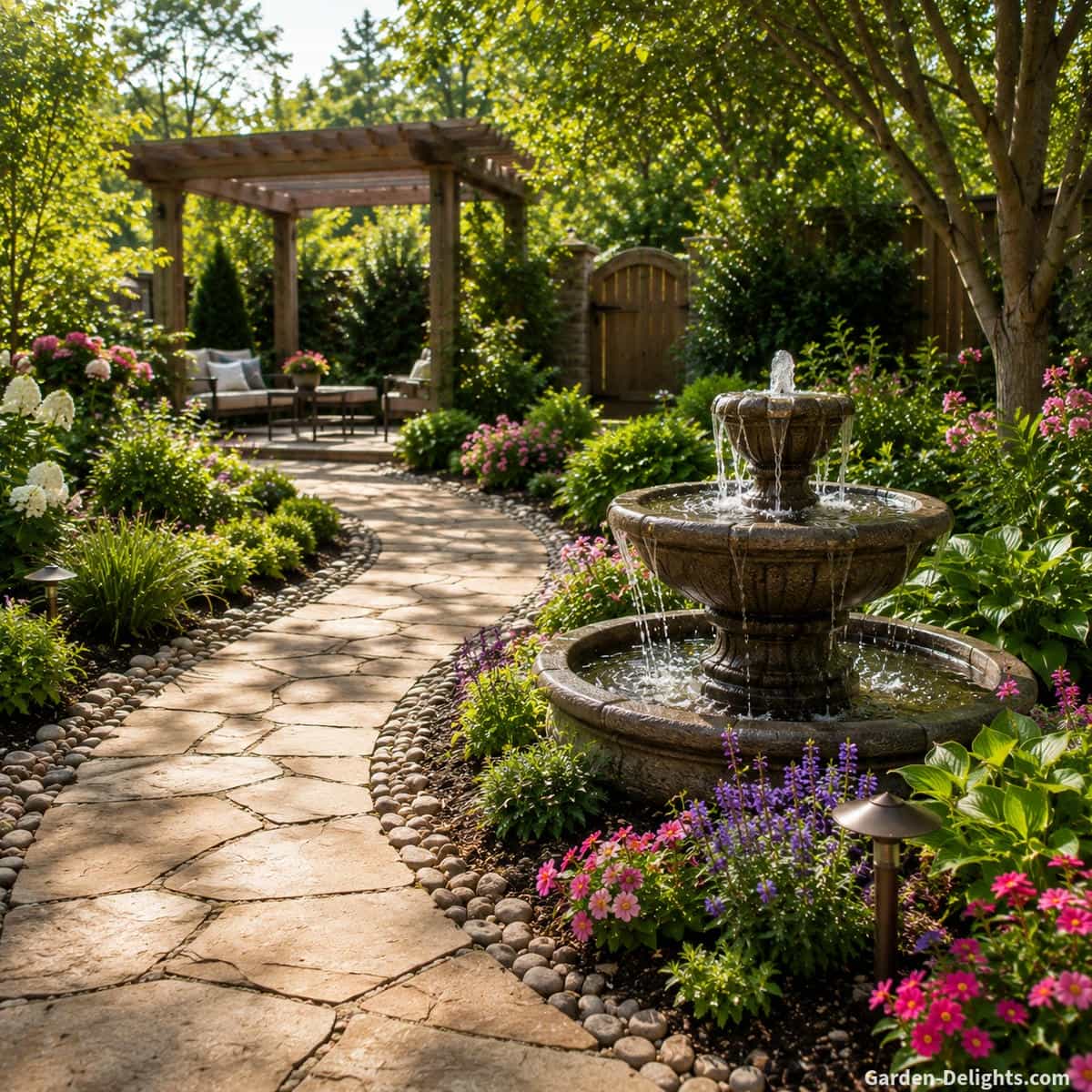 Water fountain placement near a curved garden walkway with stone path edges, flowering beds, low shrubs, gentle moving water and clear walking space creating visual flow, safe access, garden movement, acoustic comfort and relaxing outdoor pathway design.