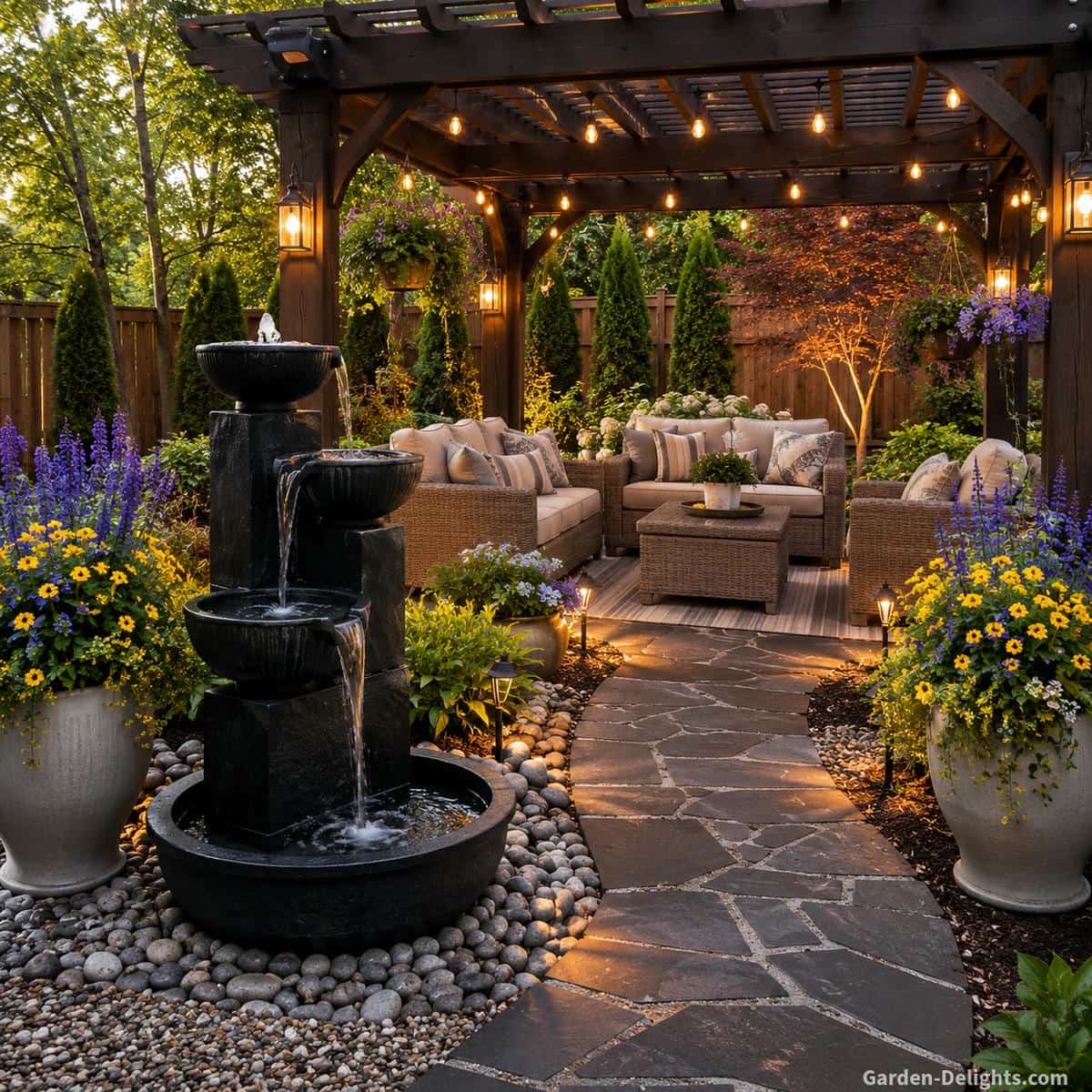 Great water fountain location showing a tiered garden fountain near pergola seating, patio furniture, gravel, stone path views and colorful planters with gentle water movement, clear sightlines, easy access and peaceful backyard living comfort