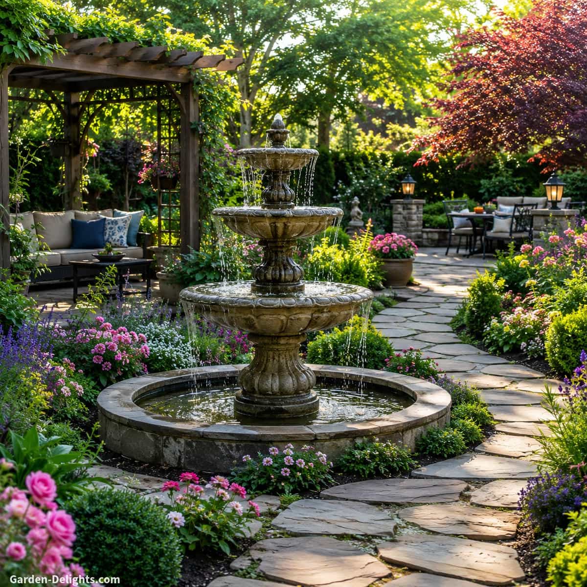 Best water fountain placement by garden type showing a tiered stone fountain in a landscaped backyard with curved garden beds, shrubs, flowers, pathway views and calm water movement for cottage, formal, wildlife and meditation garden ideas