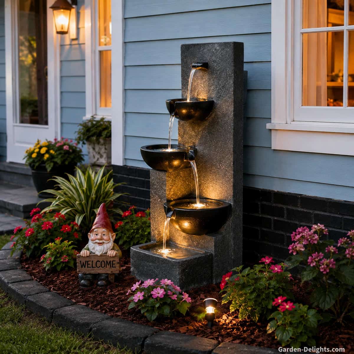 Water fountain placement guide featuring a modern dark gray cascading water fountain with illuminated black bowl basins beside a light blue house with white trim, black brick foundation, flowering garden beds, redwood mulch, welcoming garden gnome and clear viewing sightlines from patios and windows. The scene demonstrates ideal water fountain placement for relaxing water sound, Feng Shui balance, outdoor living comfort, landscape focal point design, garden style harmony and year round backyard enjoyment.