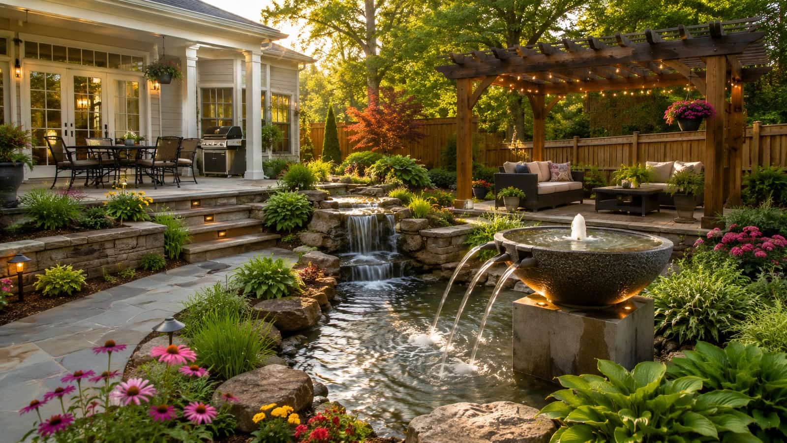 Water fountain placement guide featuring a landscaped backyard garden with a decorative fountain, waterfall pond, pergola lounge area, patio seating, flower beds, stone pathways and outdoor living space designed for relaxing sound, visual balance, wildlife attraction and Feng Shui harmony