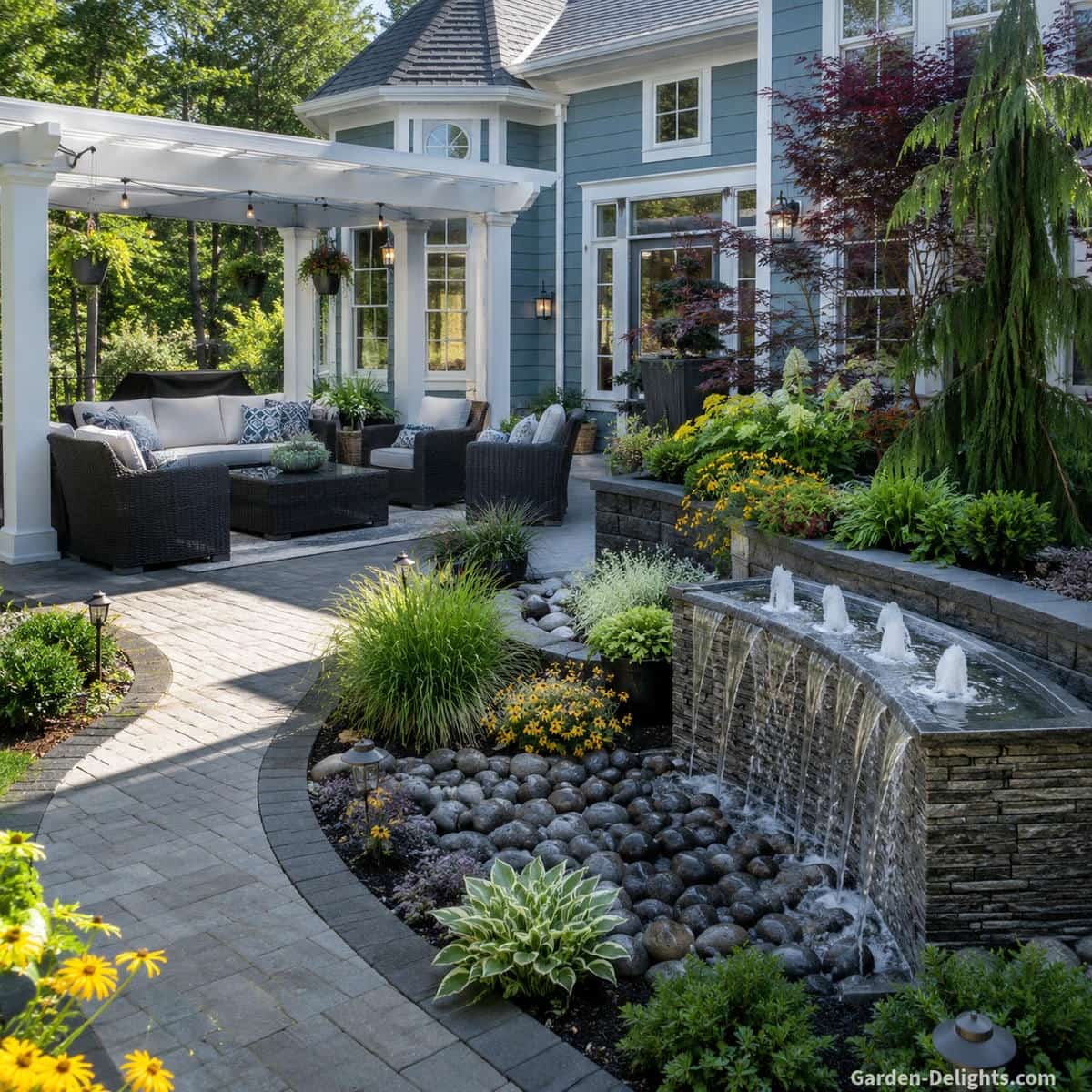 Backyard water fountain placement beside a pergola seating area with black wicker outdoor furniture, curved stone garden pathway, stacked stone waterfall fountain, colorful flower beds, ornamental grasses and a light blue house with white trim. Reflective moving water creates relaxing water sounds, Feng Shui balance, wildlife friendly landscaping, peaceful outdoor living and beautiful garden harmony throughout the landscape.