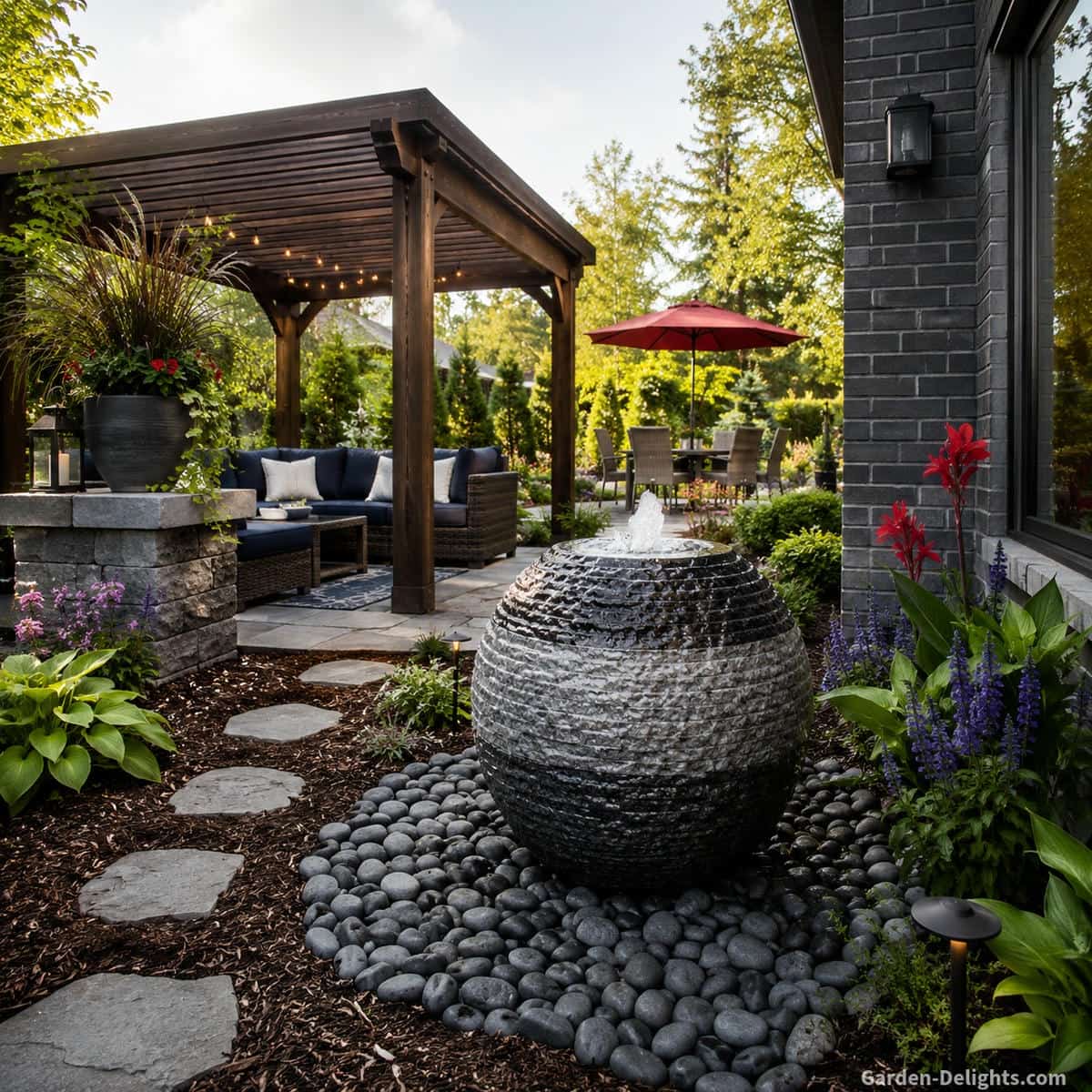 Outdoor water fountain placement beside a garden pathway and pergola seating area near a modern dark brick home, featuring a bubbling stone fountain, wicker patio furniture with blue cushions, a red umbrella dining space, flowering garden borders, and soothing water movement that creates backyard serenity, landscape harmony, wildlife attraction, and relaxing outdoor living.