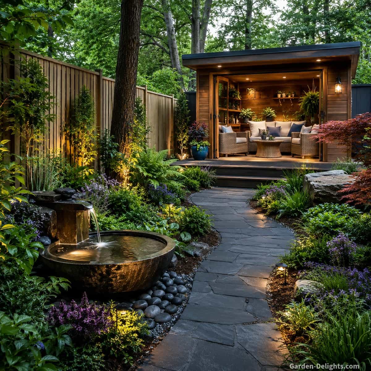 Water fountain placement beside a cozy wooden garden retreat with a covered seating pavilion, curved stone pathway, wicker seating, flowering landscape beds and balanced Feng Shui backyard sanctuary design.