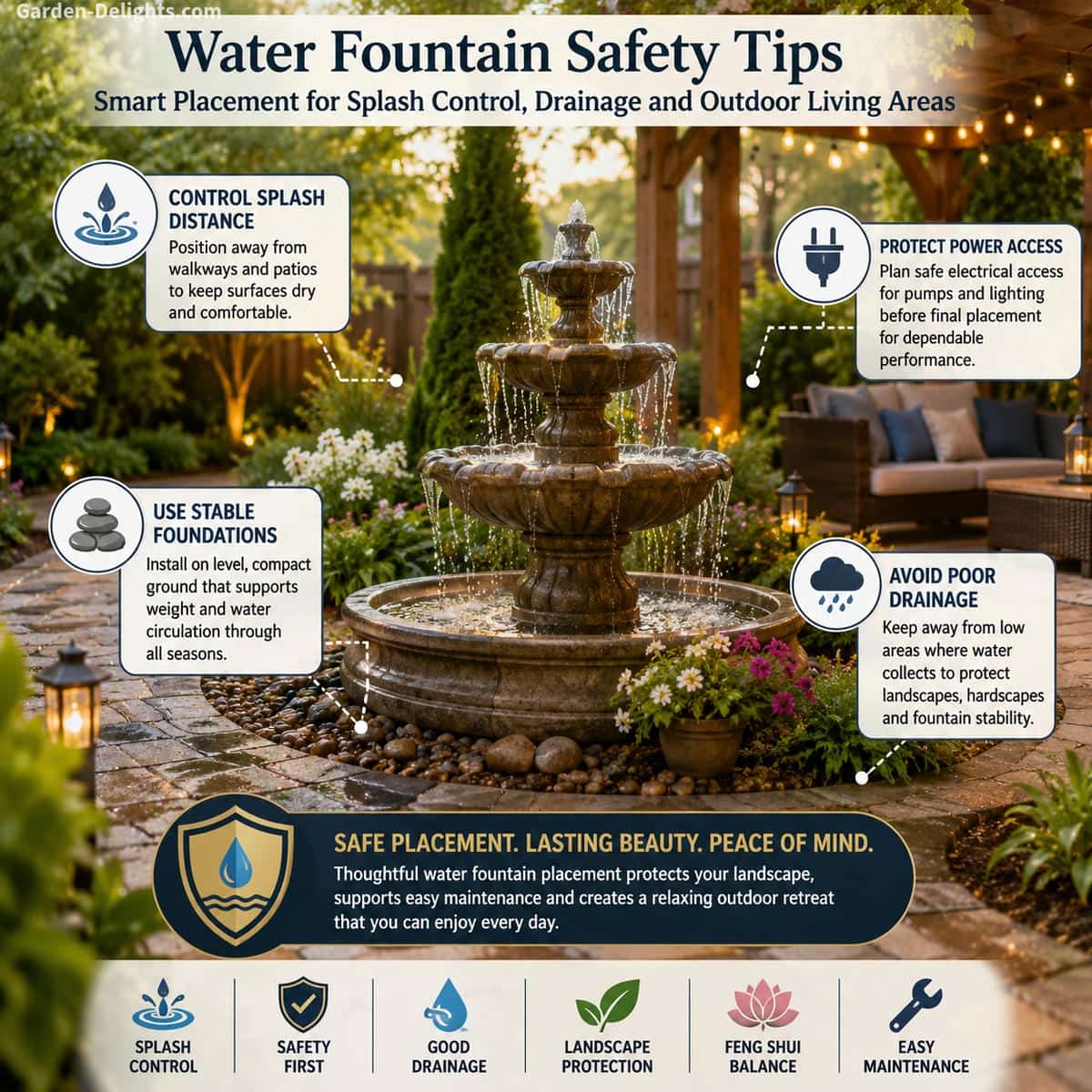 Safe water fountain placement beside a garden pathway and patio seating area with proper splash control, stable drainage, level foundation and clear walking access. Flowing water creates a peaceful outdoor retreat while supporting fountain safety, landscape protection, Feng Shui balance, easy maintenance and comfortable backyard living throughout the seasons.