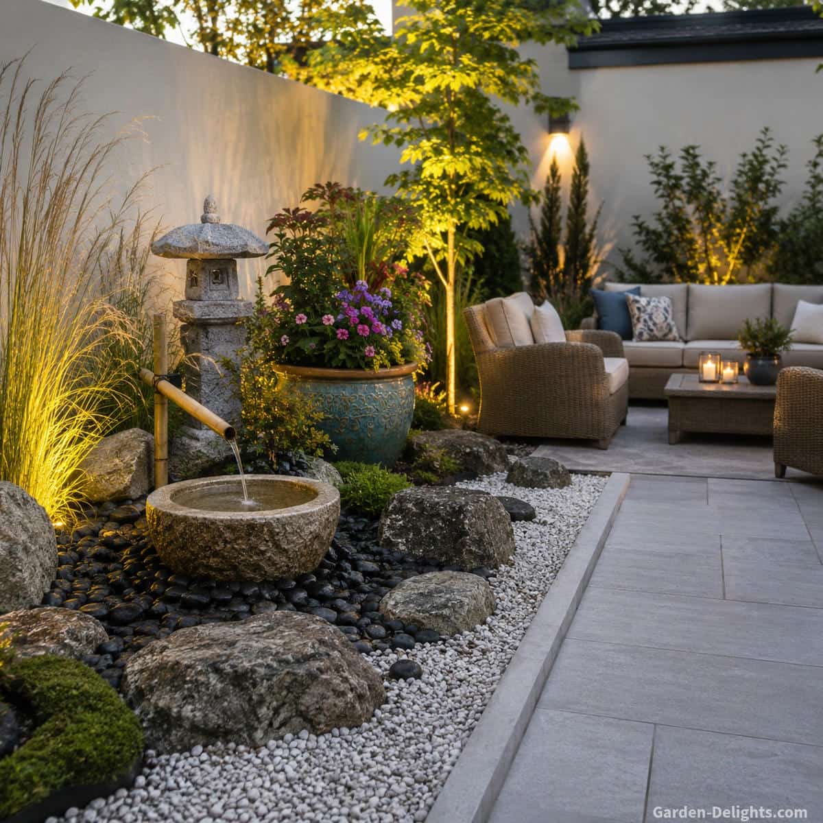 Water fountain sound quality placement beside a patio seating area featuring a stone basin fountain with flowing water, dark decorative river rock, ornamental grasses, flowering container garden, wicker outdoor furniture, soft landscape lighting and peaceful backyard ambience designed for relaxing water sounds, sound projection, meditation comfort, Feng Shui balance and outdoor living harmony