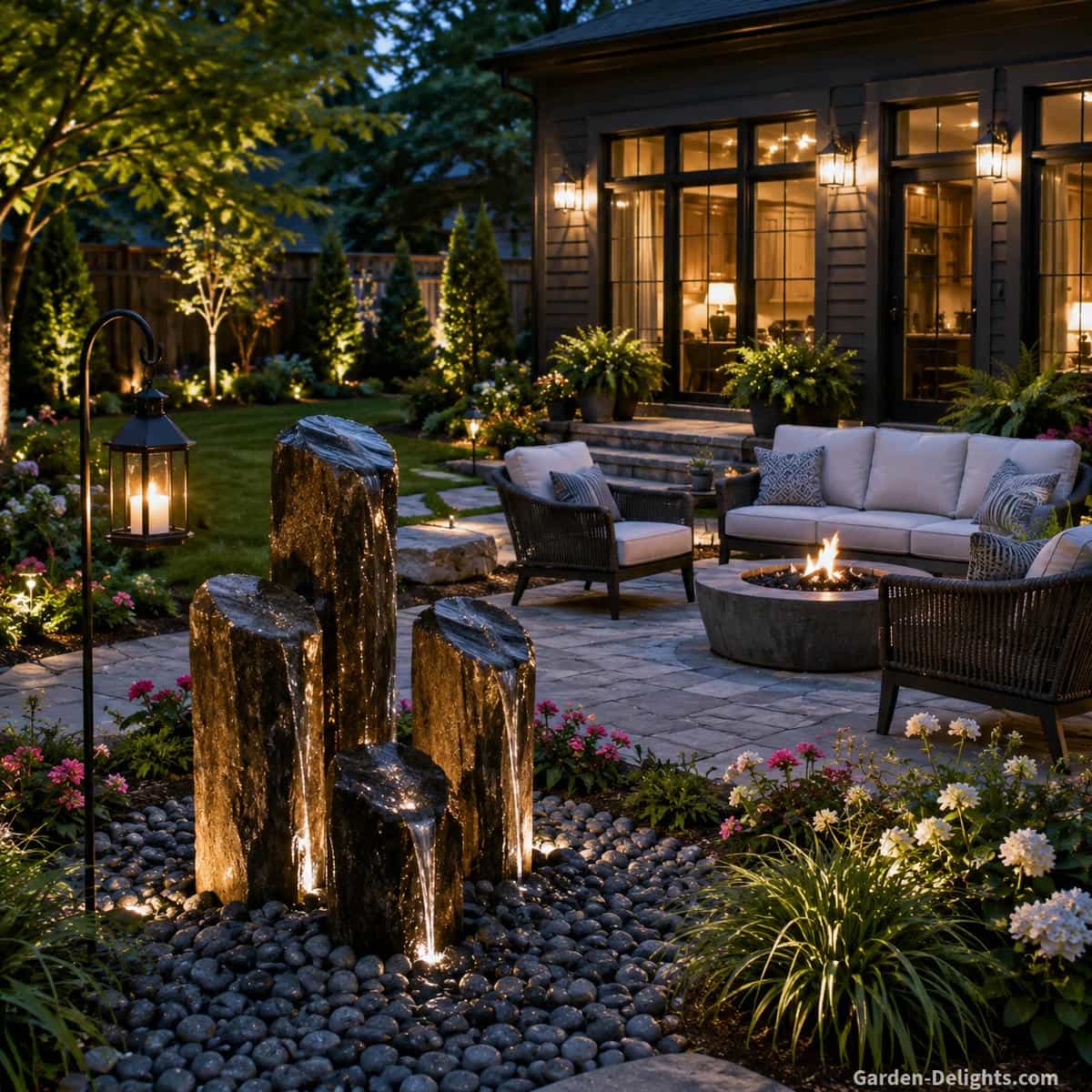 Best backyard water fountain placement with black stone column fountains in light gray gravel beside patio seating, lounge chairs, fire table, garden flowers, landscape plants, shepherd hook wind chime and nearby house showing practical fountain positioning for comfort, visibility, easy maintenance, water conservation and long term outdoor enjoyment.