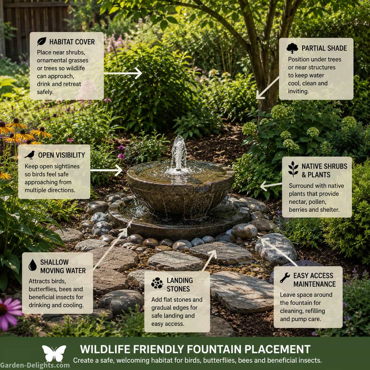 Wildlife friendly water fountain placement table showing shallow moving water, habitat cover, native shrubs, landing stones, partial shade, open visibility and safe backyard placement conditions for birds, butterflies, bees and pollinators