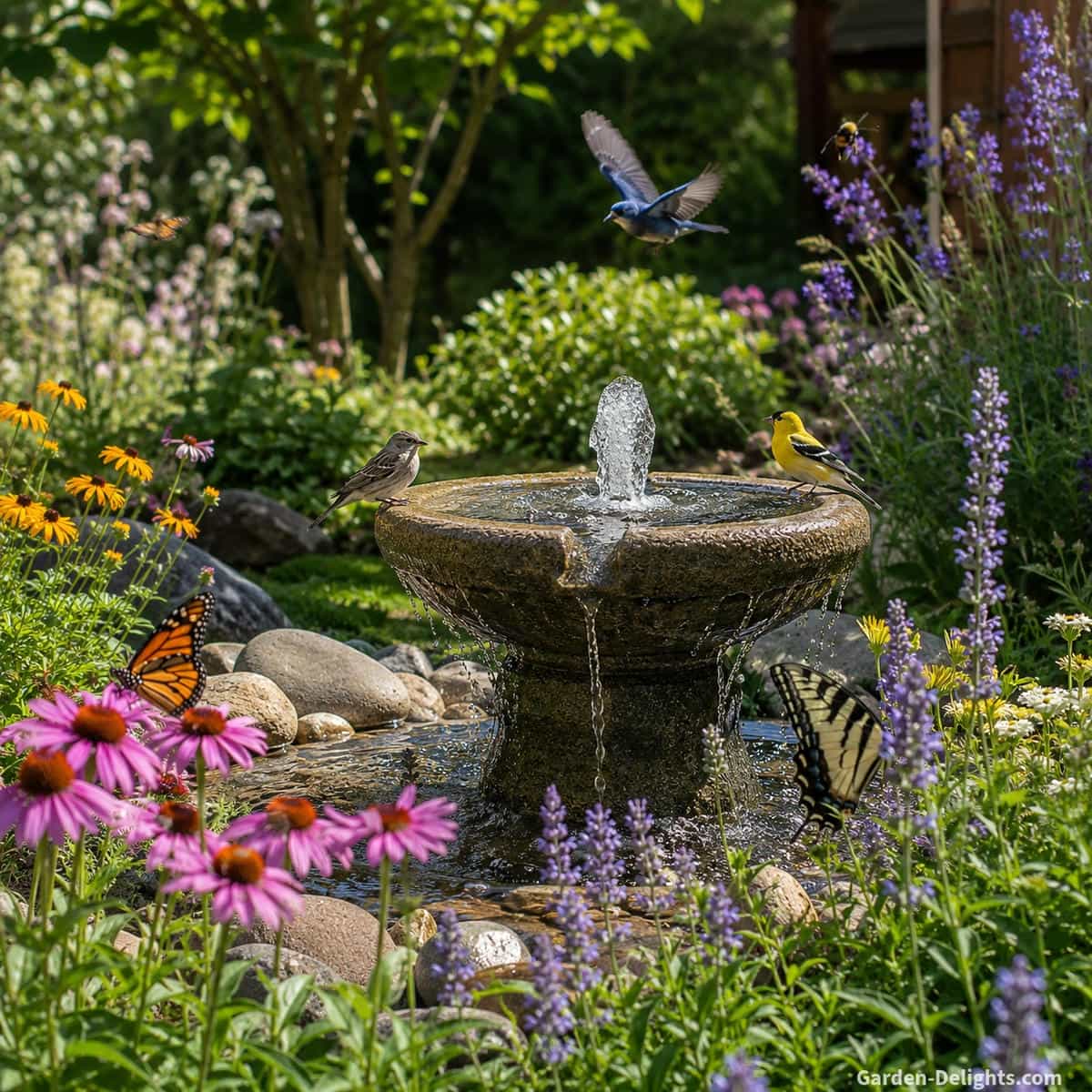 Wildlife friendly water fountain placement showing birds, pollinator plants, shallow moving water, nearby garden cover, open sightlines and peaceful backyard habitat design for bird bath fountain ideas and pollinator garden water features
