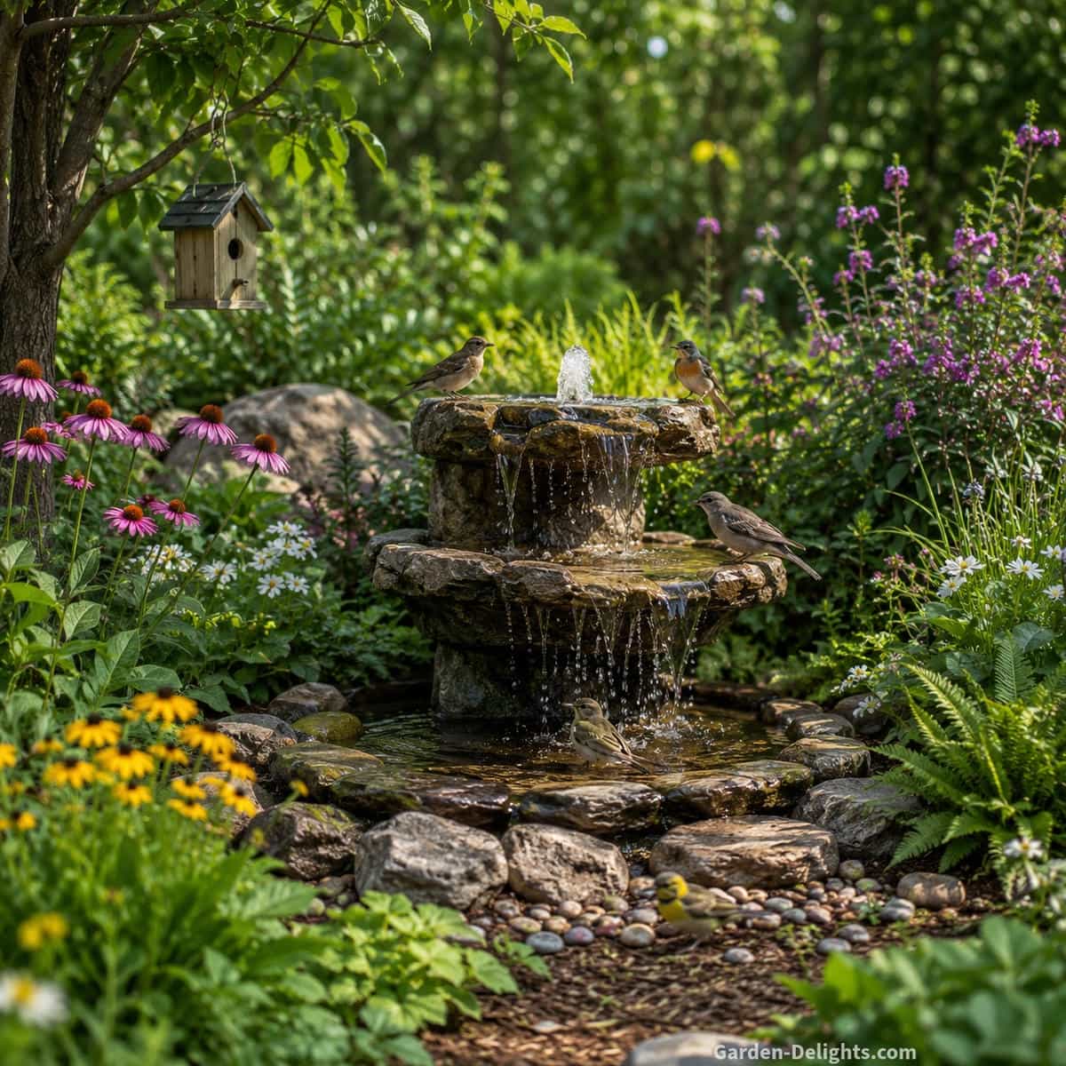 Wildlife garden water fountain placement surrounded by native shrubs, wildflowers, natural habitat plantings and songbirds creating a biodiversity friendly landscape with safe water access, ecological balance and natural outdoor beauty.