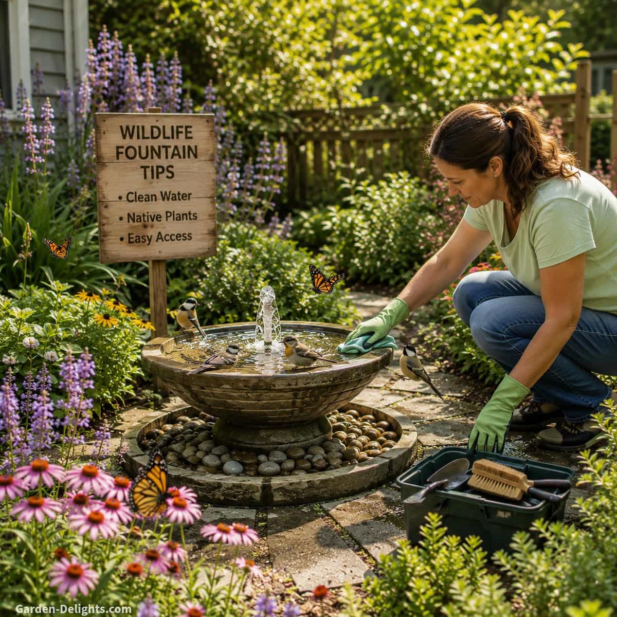 Wildlife water fountain placement tips showing a homeowner maintaining a fountain with easy cleaning access, shallow moving water, habitat cover, native flowers, birds, butterflies, bees and pollinator activity in a healthy backyard habitat