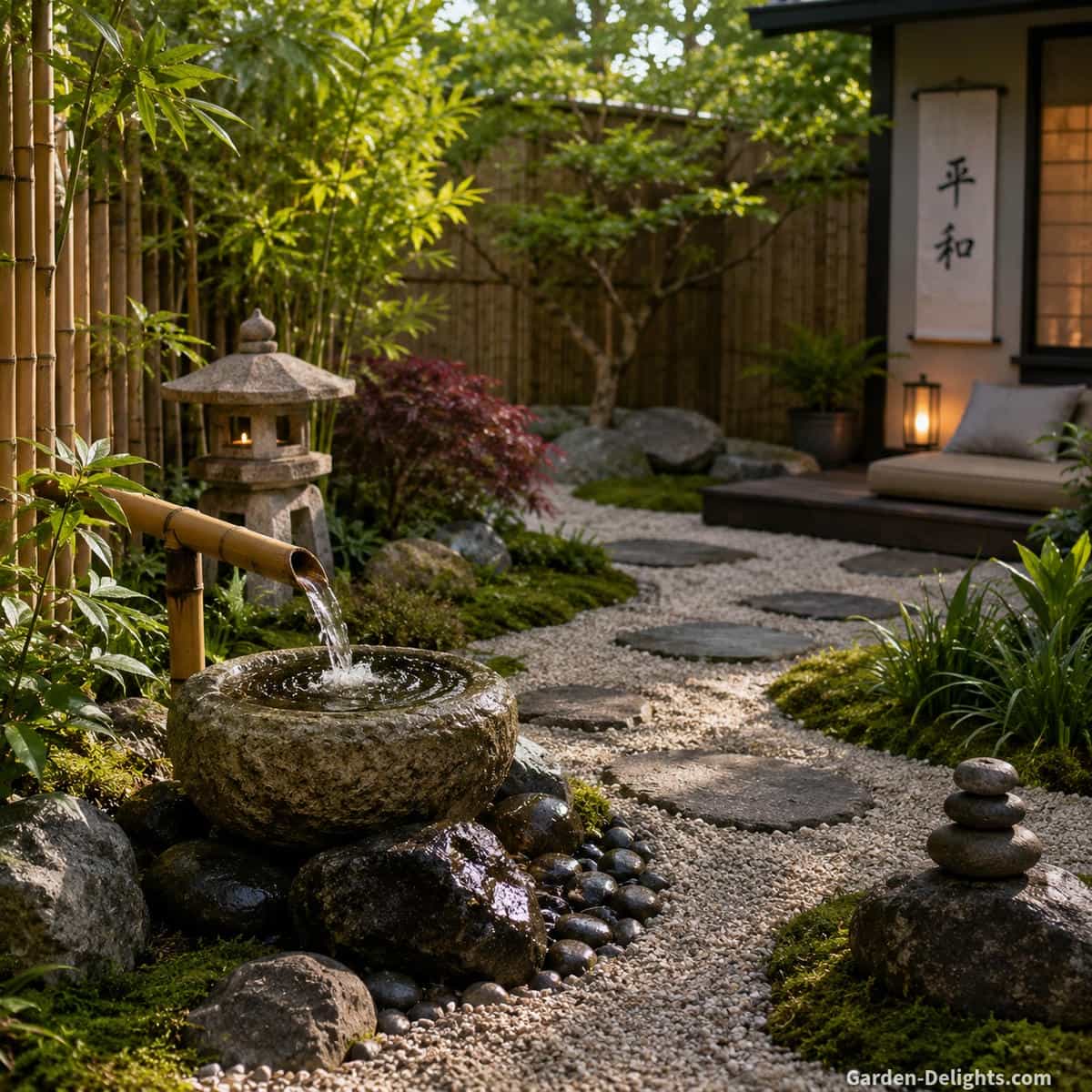 Zen garden water fountain placement surrounded by natural stone, moss, gravel pathways, bamboo accents and a peaceful meditation seating area creating mindful relaxation, gentle water sound and balanced outdoor harmony.