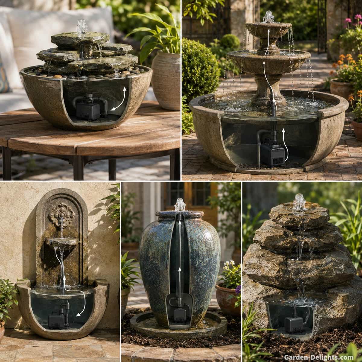 Realistic comparison of tabletop, tiered, wall, bubbling urn and bubbling rock water fountains showing concealed pump locations, different vertical lift requirements, tubing paths and controlled water flow for choosing the best water fountain pump by fountain type