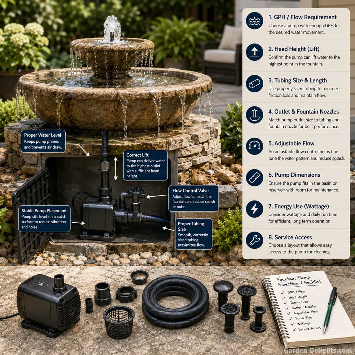Realistic outdoor water fountain with correctly sized concealed submersible pump, controlled water flow, properly matched tubing, stable basin water level and accessible pump service area showing final fountain pump selection