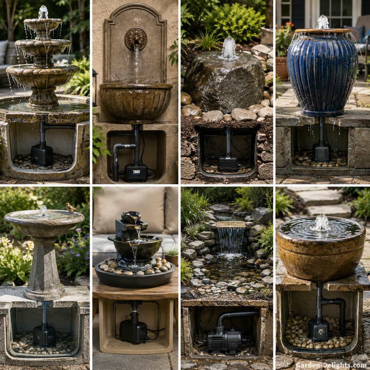 Realistic comparison of tiered, wall, bubbling rock and urn water fountains showing concealed pumps, tubing paths, vertical lift, spillways and outlets to illustrate how fountain design changes pump flow and head requirements