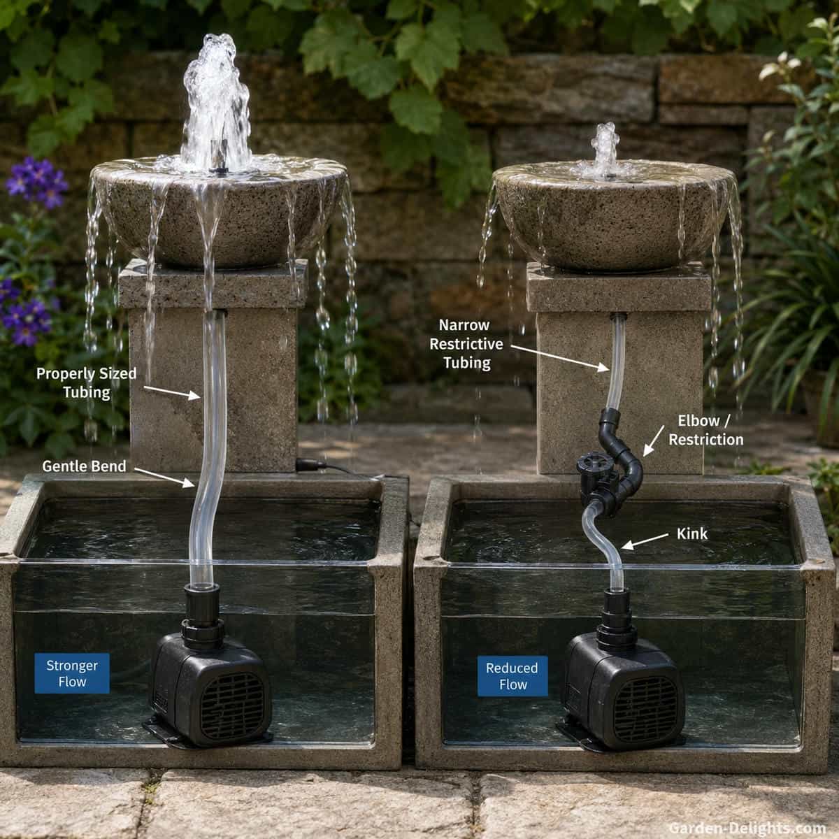 Realistic water fountain pump plumbing comparison showing properly sized tubing beside narrow tubing, hose bends, elbows and restrictive fittings that reduce delivered fountain pump flow