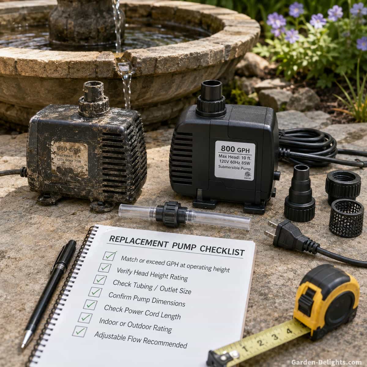 Realistic old water fountain pump beside a compatible replacement pump with visible tubing connector, pump dimensions, power cord and fountain reservoir showing how to match GPH, head height and physical fit