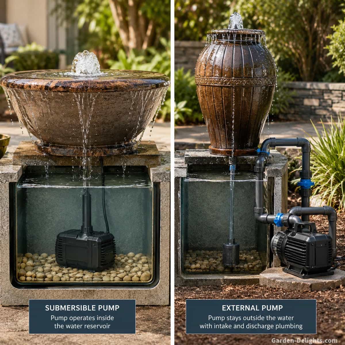 Realistic side by side comparison of submersible water fountain pump concealed inside a fountain reservoir and external fountain pump positioned outside the water with intake and discharge plumbing for decorative fountain systems
