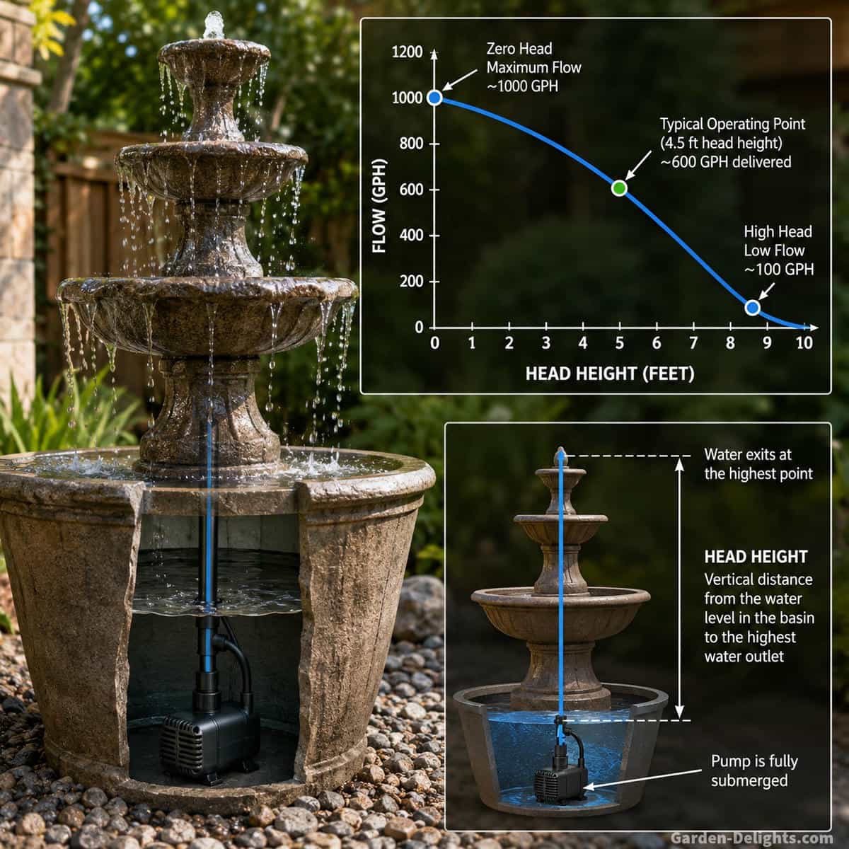 Realistic outdoor tiered water fountain with concealed submersible pump and educational flow chart overlay showing fountain pump GPH decreasing as head height increases from basin level to the upper fountain outlet