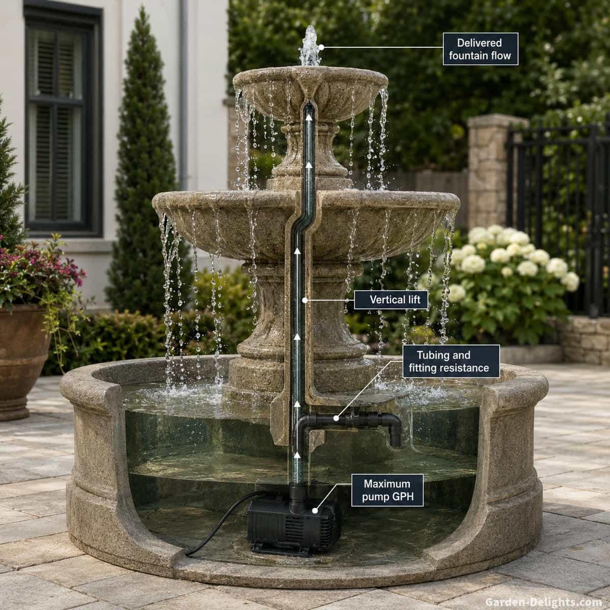 Realistic outdoor tiered water fountain with concealed submersible pump and visible tubing path illustrating maximum GPH at the pump compared with lower delivered fountain flow after vertical lift and plumbing resistance