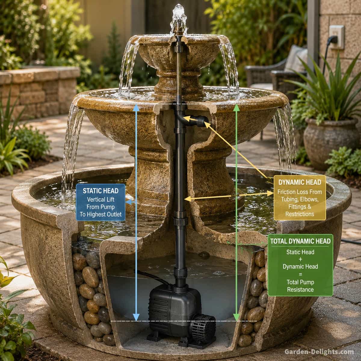 Realistic tiered outdoor water fountain cutaway showing concealed submersible pump in lower basin, vertical tubing to upper outlet, measured static head height, elbows and fittings illustrating total dynamic head and fountain pump flow resistance