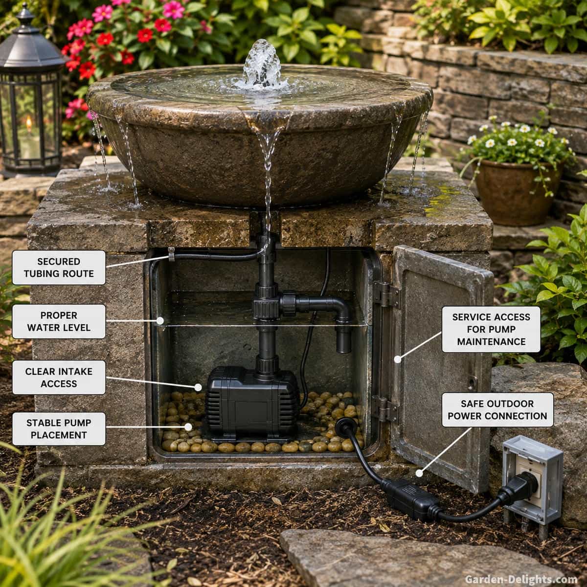 Realistic outdoor water fountain pump installation showing concealed submersible pump, clear intake area, secured tubing, proper basin water level, accessible service opening and safely routed outdoor power cord
