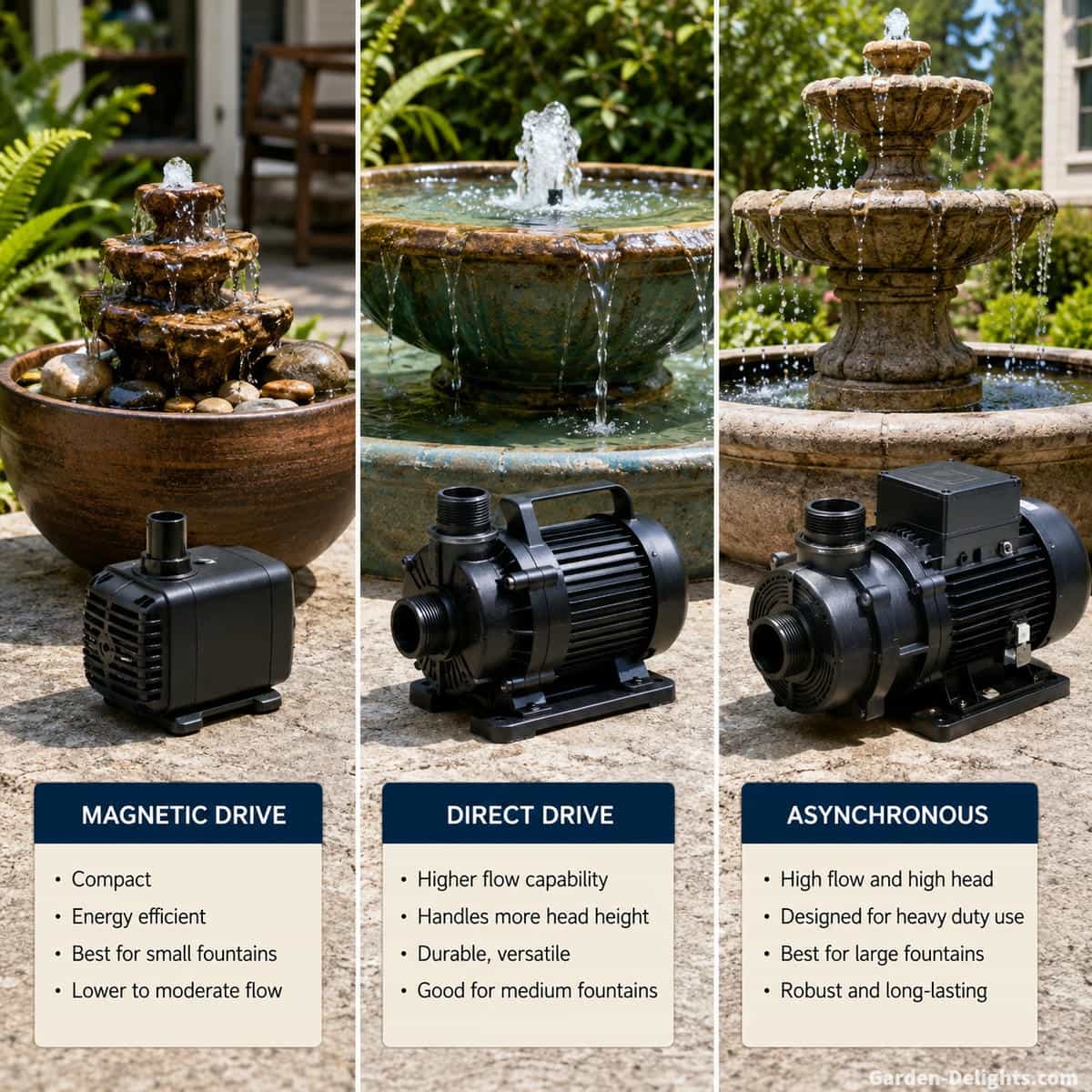 Realistic comparison of magnetic drive, direct drive and asynchronous water fountain pumps beside decorative fountain systems showing differences in motor type, pump size, flow demand and typical residential fountain use
