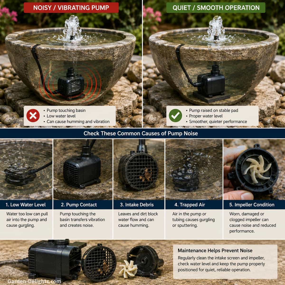 Realistic water fountain pump troubleshooting scene showing a submerged pump touching a stone basin beside a corrected stable pump position, proper water level, intake screen and impeller access for diagnosing humming, vibration and gurgling