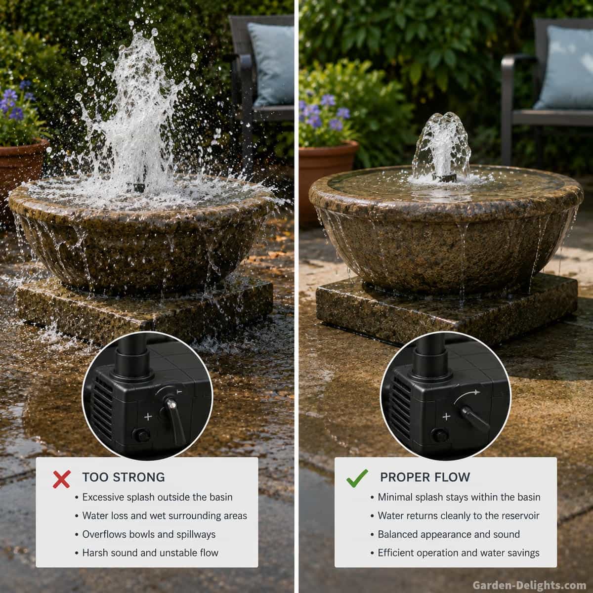 Realistic outdoor water fountain showing excessive pump flow causing splash outside the basin beside a controlled lower flow setting with stable water movement and proper basin containment