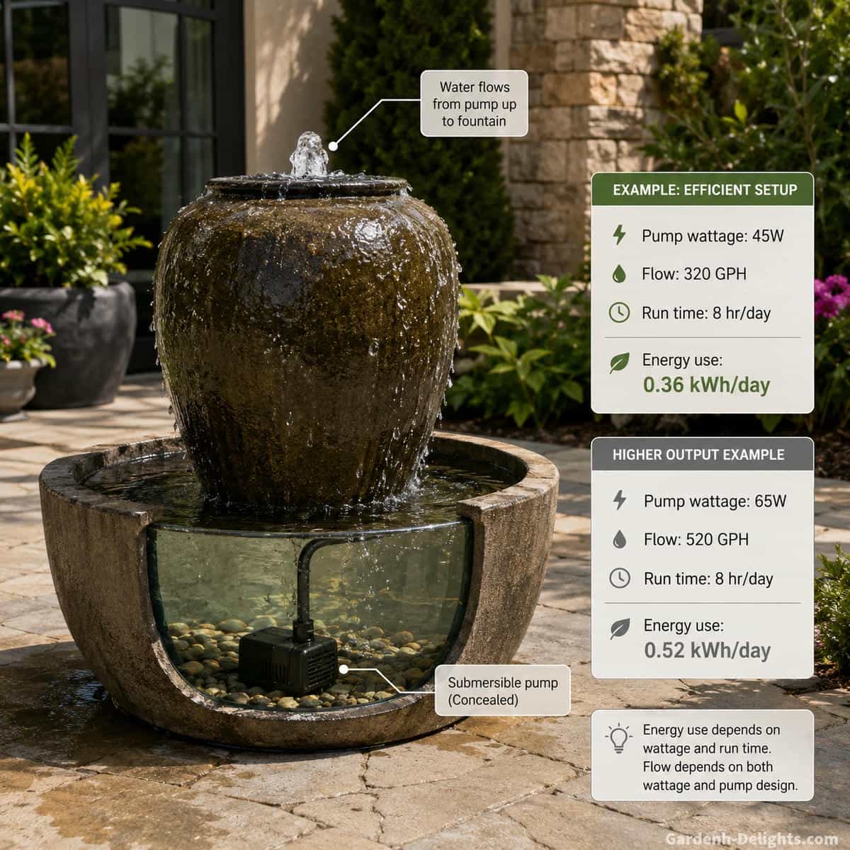 Realistic outdoor water fountain with concealed submersible pump and educational energy comparison showing fountain pump wattage, GPH, daily operating hours and electricity use