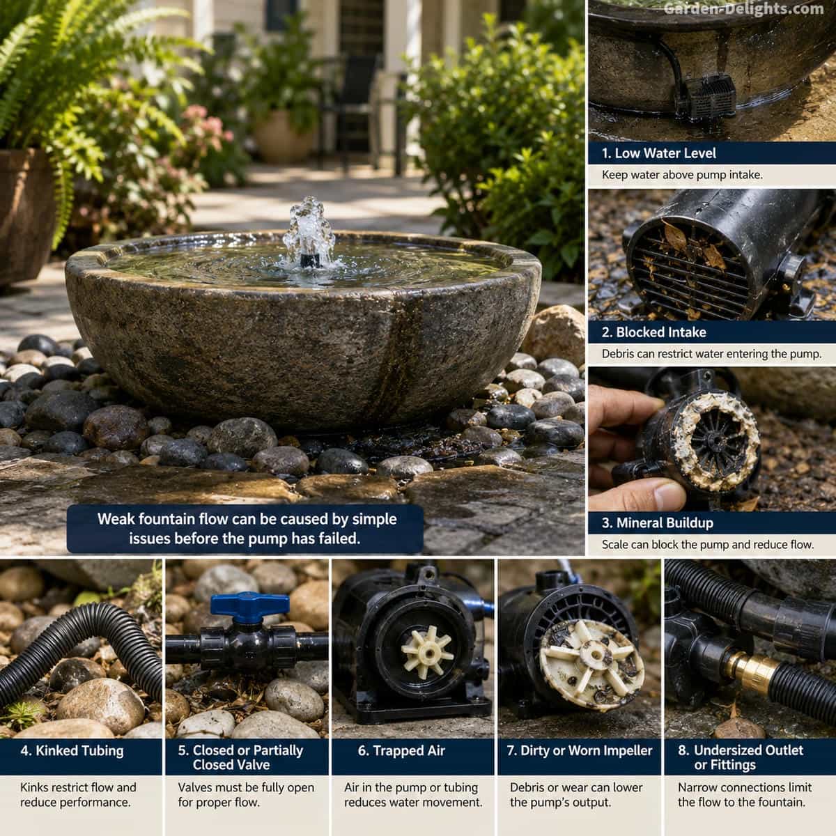 Realistic water fountain pump troubleshooting scene showing low basin water, blocked pump intake, debris, mineral buildup and kinked tubing that can cause weak fountain flow