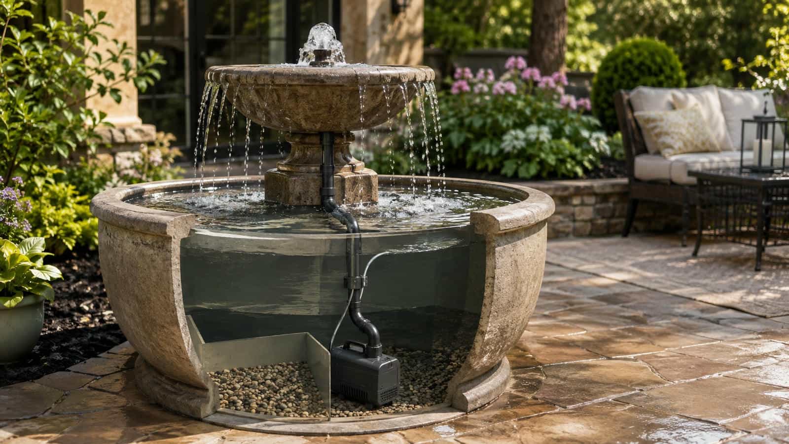 Realistic outdoor water fountain with concealed submersible pump, reservoir and tubing system supplying controlled water flow to a raised fountain outlet, illustrating GPH, head height, pump sizing and delivered flow