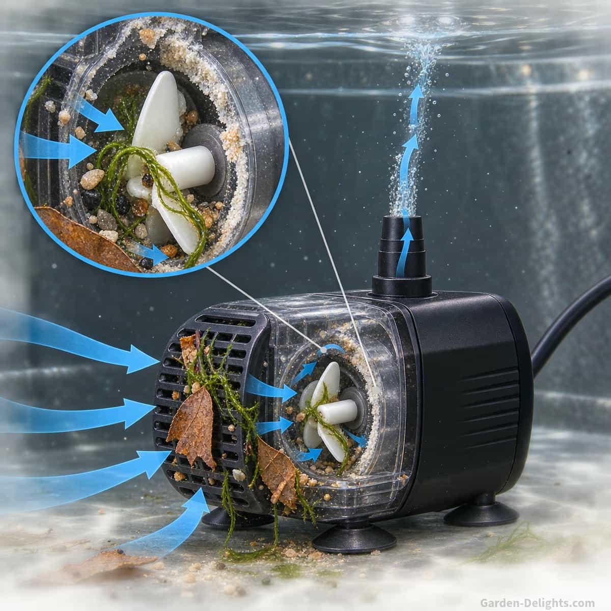 Submersible water fountain pump with a partially clogged intake, transparent impeller housing, algae, leaves, grit and mineral buildup, plus a magnified inset showing debris restricting the impeller and causing weak water flow
