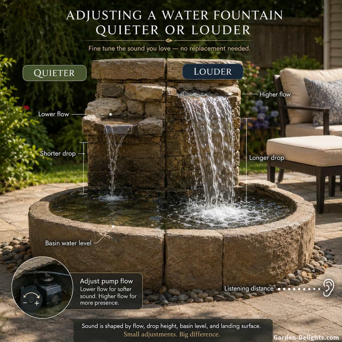 Outdoor water fountain with adjustable pump flow showing controlled bubbling and cascading water beside patio seating, different water drop heights, receiving basin and stable pump position for making fountain sound quieter or louder