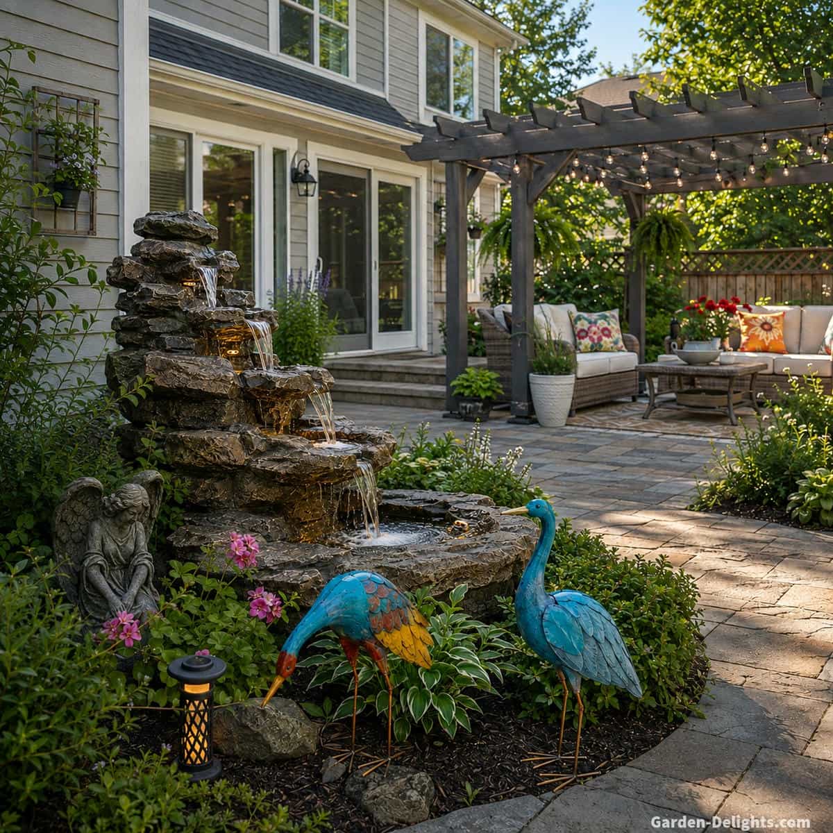 Natural stacked rock cascading water fountain beside a grey pergola patio with comfortable seating, multiple controlled water drops, realistic listening distance, light grey two story home, dark stone angel and colorful garden bird ornaments illustrating relaxing outdoor fountain sound, flow strength and patio sound comfort