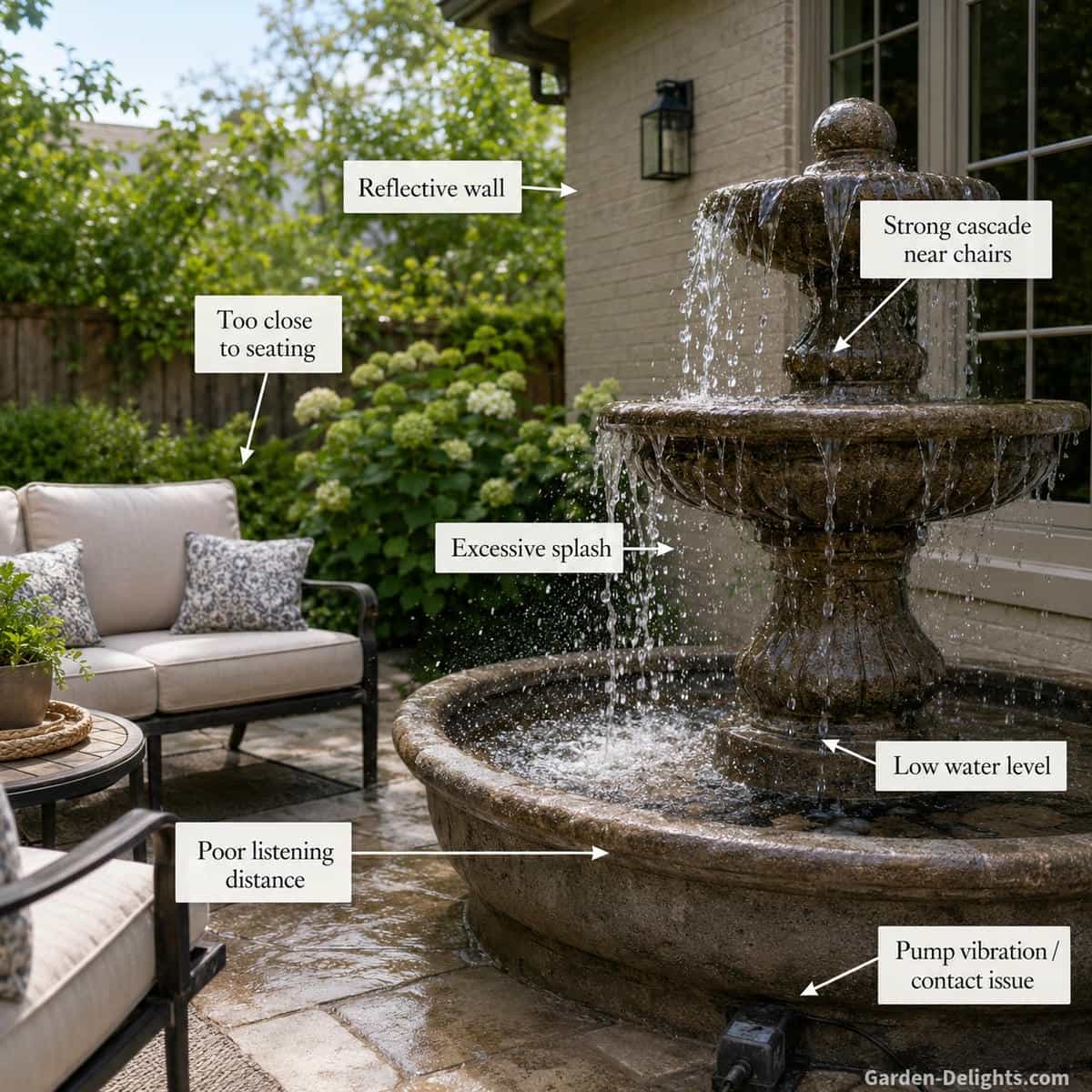 Outdoor water fountain beside patio seating showing common fountain sound mistakes including overly strong cascading water near chairs, excessive splash, low basin water, pump vibration, reflective wall surfaces and poor listening distance