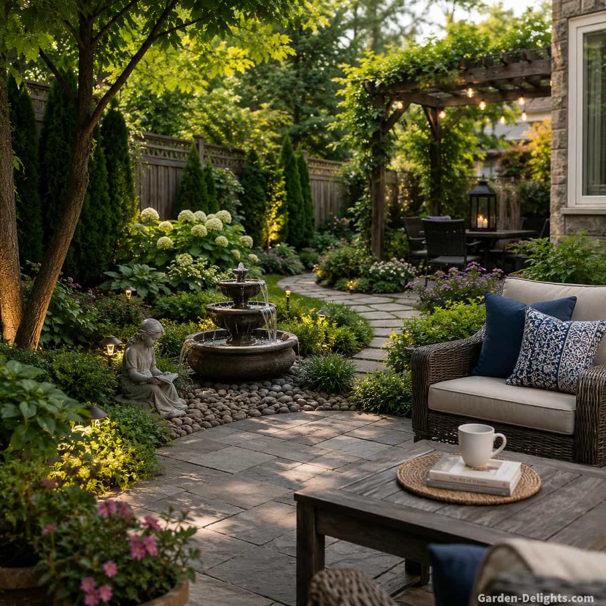 Final water fountain sound selection in a realistic landscaped backyard showing controlled cascading water, patio seating, garden pathway, nearby wall surfaces and comfortable listening distance for choosing fountain flow, volume, water movement and relaxing sound