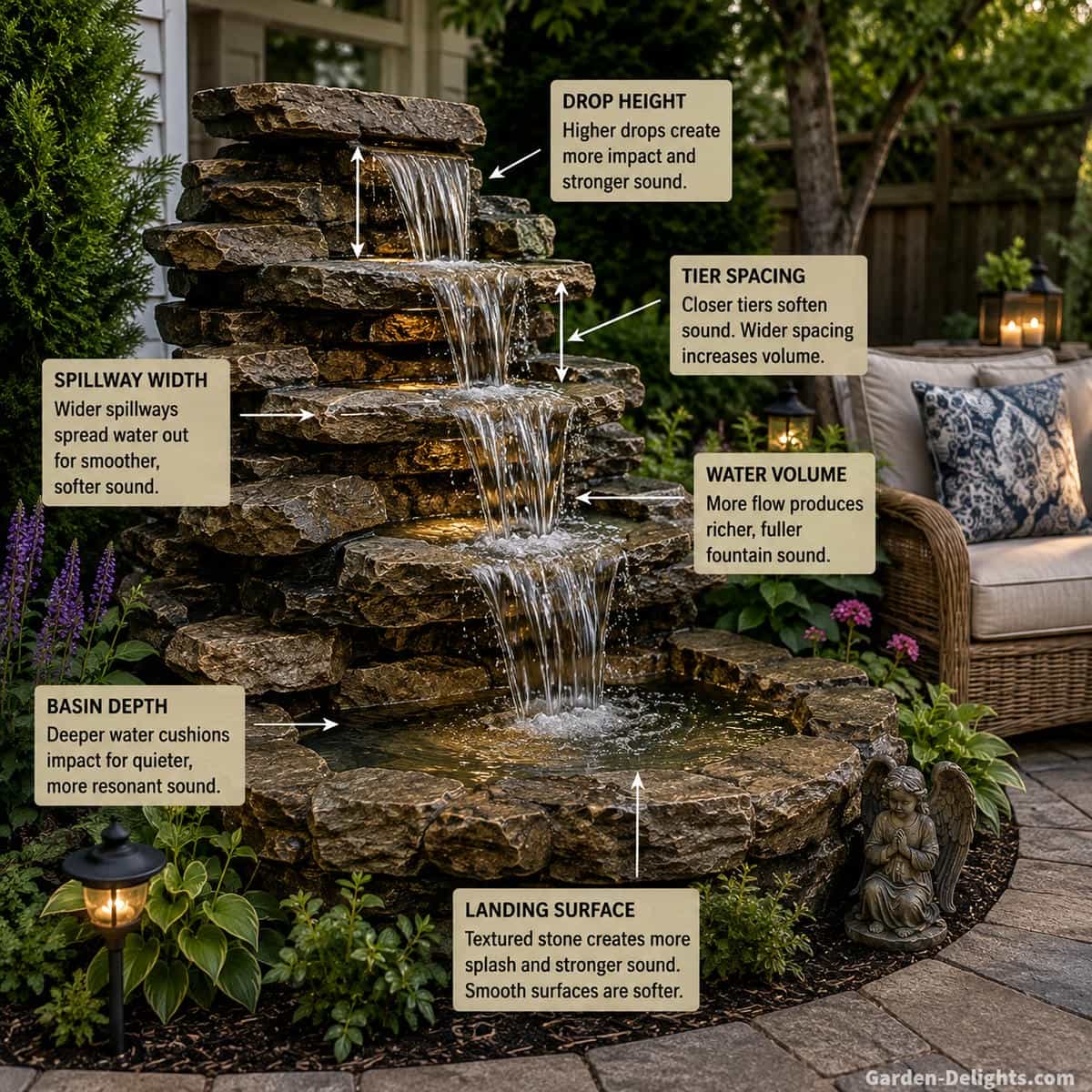 Outdoor multi level stone water fountain showing different water drop heights, tier spacing, broad spillways, deep receiving basin and textured stone landing surfaces beside garden seating to illustrate how fountain design changes water sound