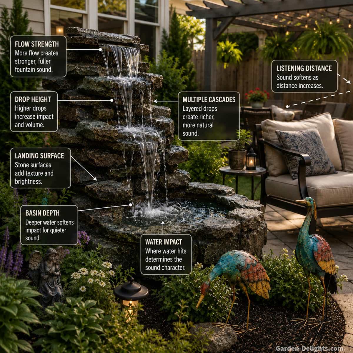 Outdoor stone water fountain showing several visible water drops from a raised spillway into a receiving basin beside patio seating, illustrating how water flow, drop height, landing surface, basin depth and listening distance affect fountain sound