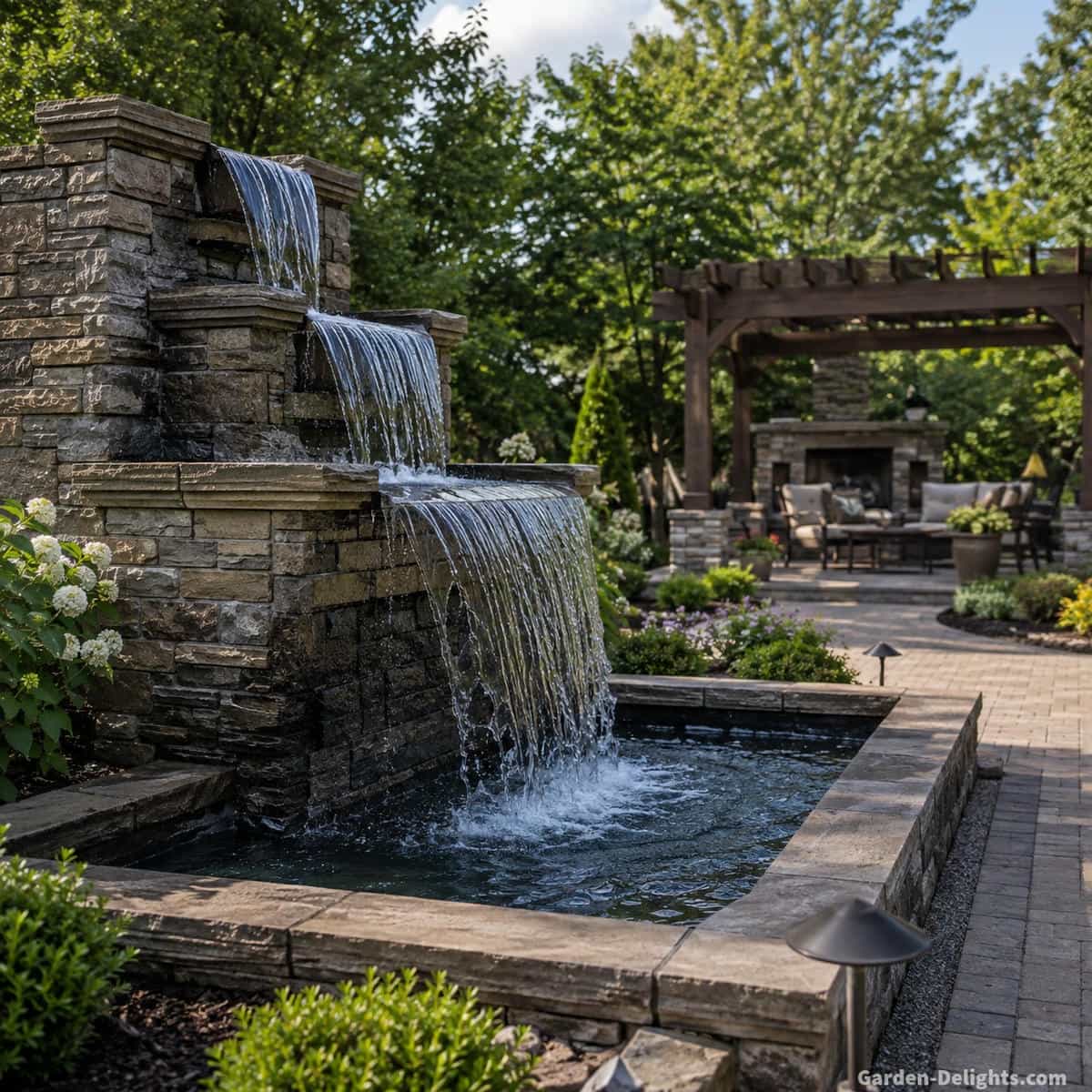 Large outdoor cascading water fountain in a landscaped backyard showing several controlled water drops, stronger water flow, broad receiving basin and distant patio seating for louder fountain sound and longer listening distance