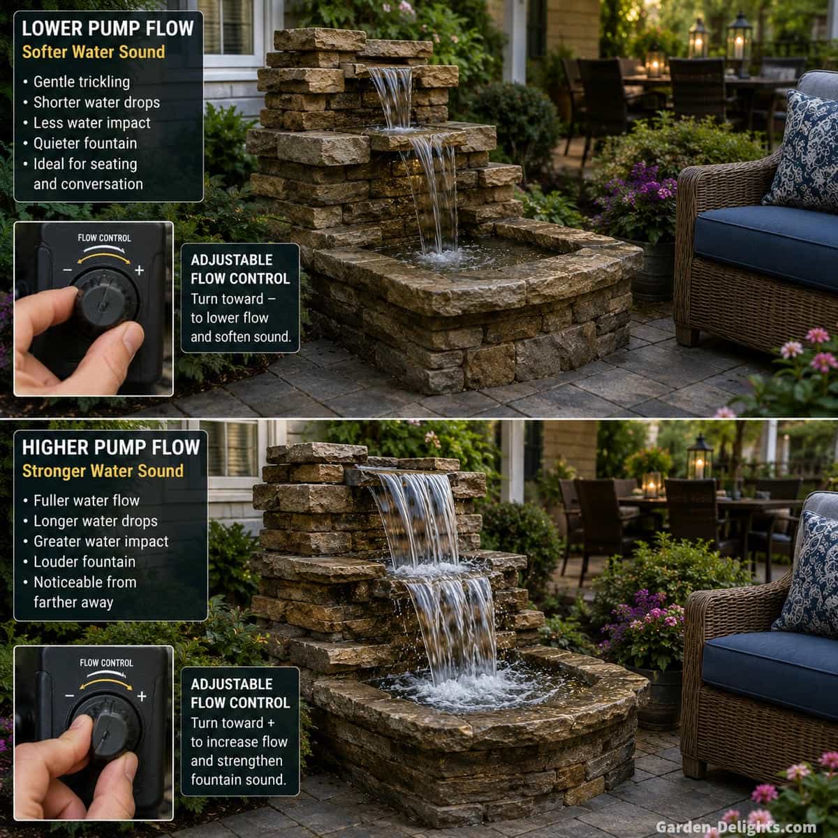 Outdoor cascading water fountain with accessible adjustable pump flow control showing gentle and stronger water movement through a stone spillway beside patio seating for comparing pump flow and fountain sound