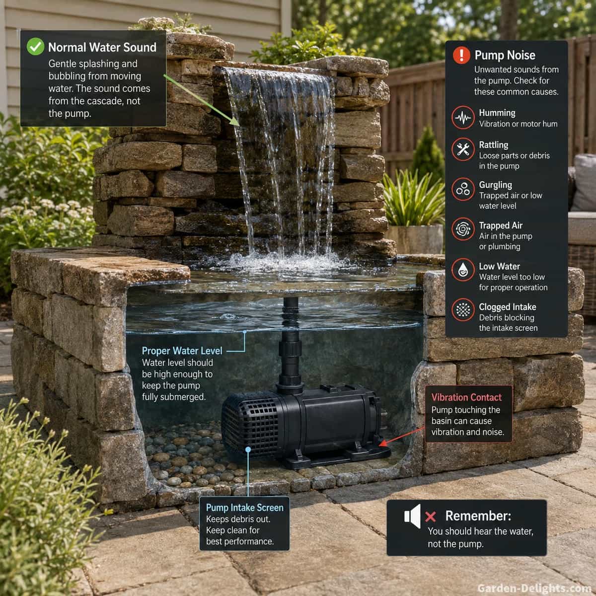Water fountain pump noise versus normal water sound showing a submerged pump inside a stone basin with bubbling water, proper water level, intake screen, pump vibration contact point and flowing cascade for identifying humming, rattling and gurgling fountain noise
